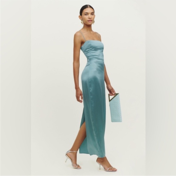 Reformation Silk Frankie Dress in Verdigris - Picture 1 of 7